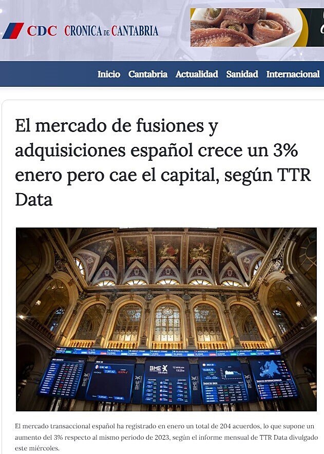 El mercado de fusiones y adquisiciones espaol crece un 3% enero pero cae el capital, segn TTR Data